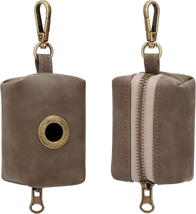 Didog Stylish Dog Poop Bag Holder for Leash, Easy-Pull and Colorful PU Leather Dog Poop Bag Dispenser with Metal Clip, Includes 1 Roll Pet Waste Bag for Daily Walking,Brown