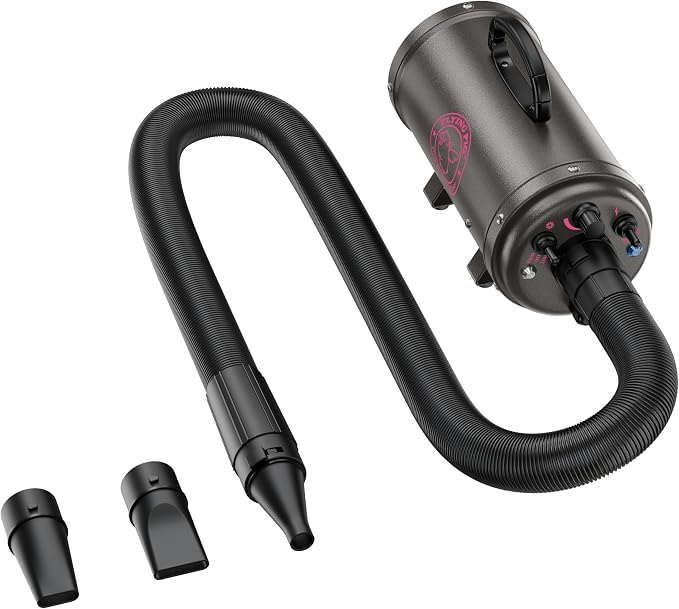 Flying Pig Turbo Dog Grooming Dryer with ForceFlow Drying Power, Variable Speed and Heat Control (Dark Grey w/Pink Logo)