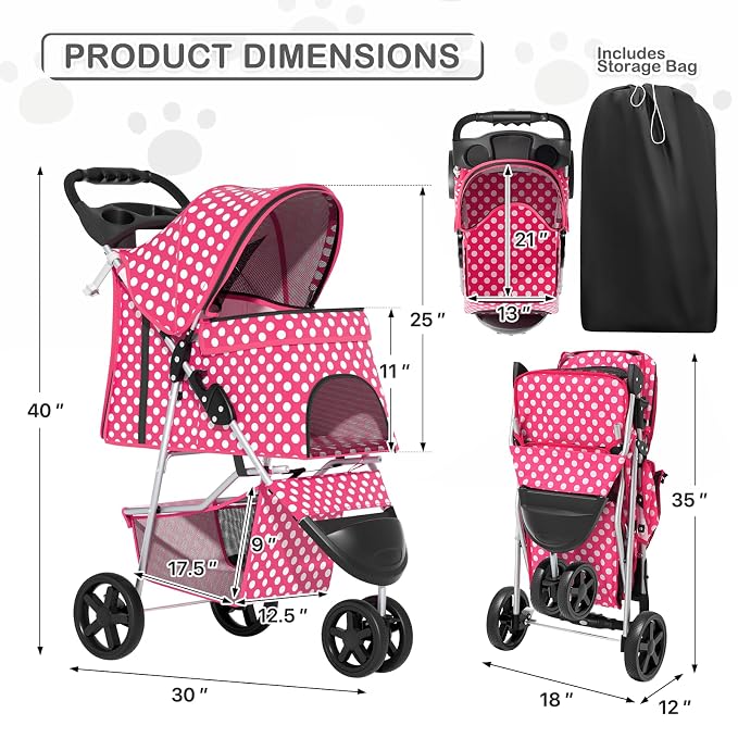 MoNiBloom 3-Wheel Foldable Pet Stroller - Hot Pink Polka Dots