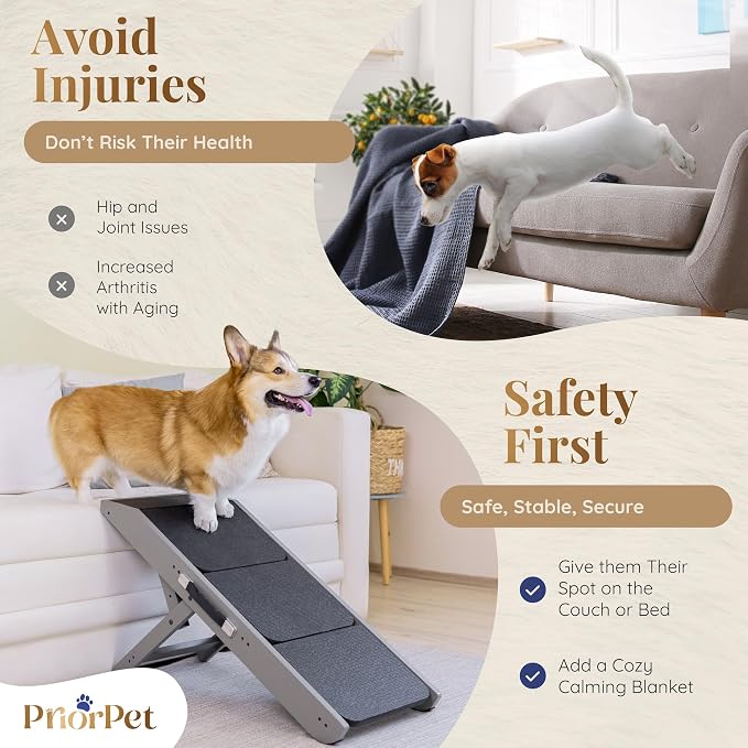 Dog ramp for Couch – Non-Slip, Sturdy Build Foldable Dog ramp – Supports up to 200lbs – Adjustable 7'' to 20'' – Landing Platform Seamlessly Connects – Birchwood Pet Ramp for Small Dogs – Gray