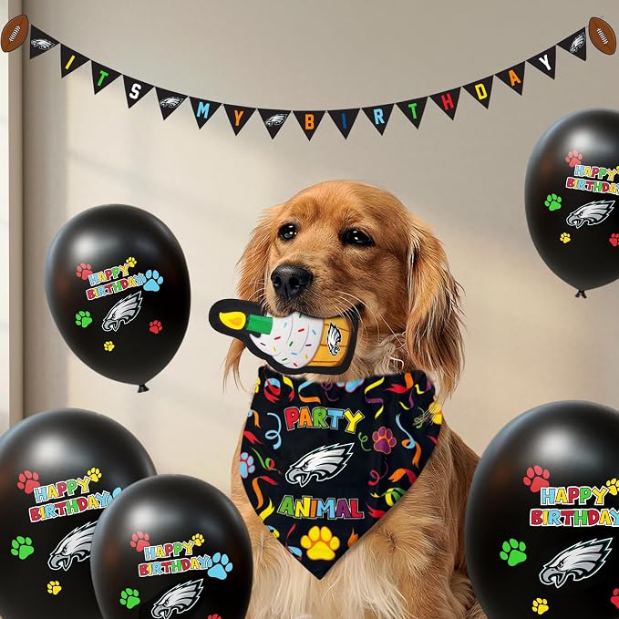 NFL Philadelphia Eagles Dog Birthday Party Set 9pcs with 1 Football Bandana Small/Medium, 1 Banner, 1 Birthday Cake Toy & 6 B-Day Balloons, Dog Birthday Set, Costume, Fun Doggie Pawty Accesories