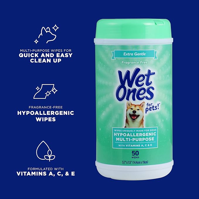 Wet Ones for Pets Hypoallergenic Multipurpose Grooming Wipes, Canister, 50 Count