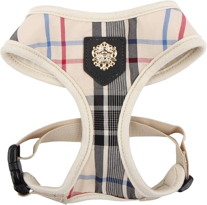 Puppia Junior Over-The-Head Dog Harness Checkered Pattern No Choke No Pull Adjustable Chest Belt Walking Training for Small and Medium Dog, Small, Beige