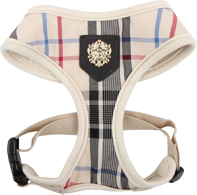 Puppia Junior Over-The-Head Dog Harness Checkered Pattern No Choke No Pull Adjustable Chest Belt Walking Training for Small and Medium Dog, Beige, X-Large