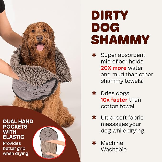 Dog Gone Smart The Dirty Dog Shammy - Fast Drying Plush Shammy Towel with Dual Hand Pockets and Elastic - Super Absorbent Polyamide Microfiber & Machine Washable - Grey, X-Large