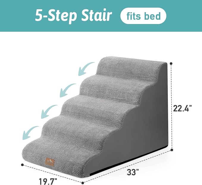 COZY KISS Extra Wide Dog Stair for Small Dog, 5 Step Pet Ramp for Bed | Curved Stable Dog Step for Puppy, Older Cat, Senior, Medium, Short-Legged Dog, Non-Slip Ladder for High Bed, 22.4" H, Grey