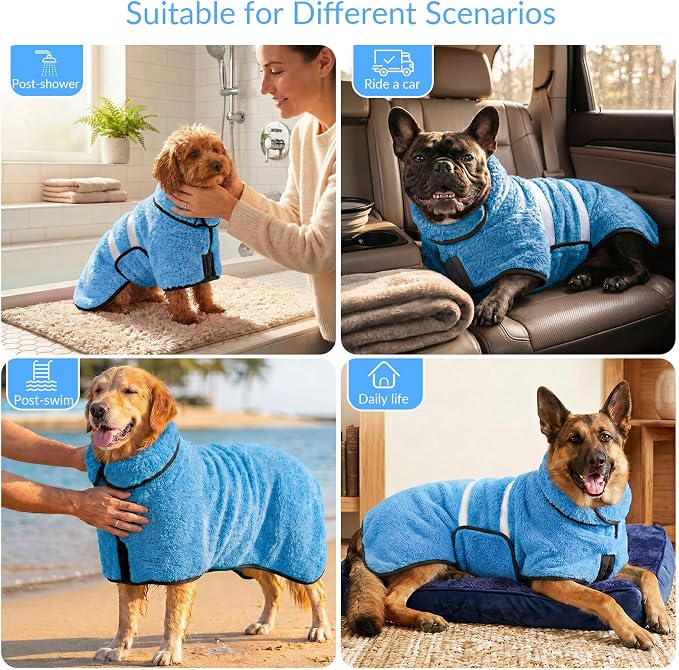 Bienbee Dog Bathrobe, Quick Drying Super Absorbent Pet Robes for Small Medium Large Dogs, Drying Coat for After Bath & Swim, Warm & Cozy Dogs Towels, Dog Puppy Bath Supplies,Light Blue M