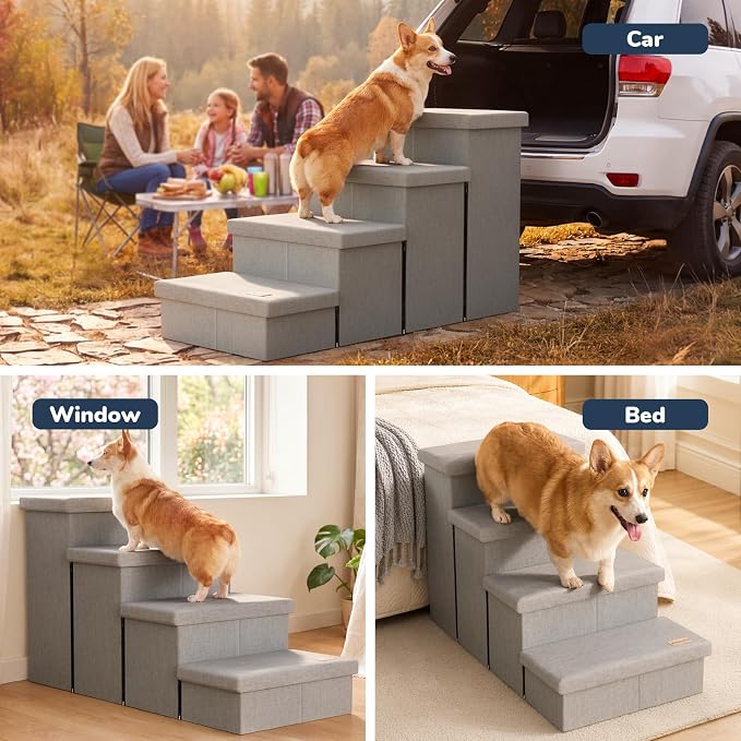 4-Step Wide Dog Stairs with Storage 23" H, Non-Slip Sturdy Pet Steps for High Bed Couch Window, Pet Stairs for Small/Medium/Large Old Dogs Cats Up to 220lbs, Cat Dog Steps for Car/SUV, Grey