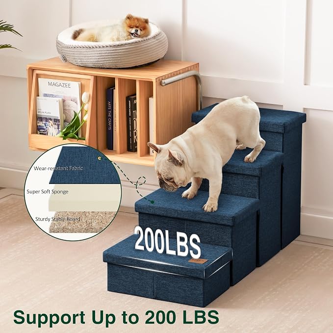 Love's cabin Dog Stairs for Small Medium or Large Dogs with Storage and Adjustable Steps, Foldable Cat Steps for Bed or Couch, 4-Step Folding Ramp with Zip up to 200 lbs, Navy Blue