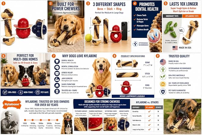 Nylabone Tough Dog Chew Variety Pack, 3 Count | Long-lasting nylon satisfies aggressive chewers, promotes dental health, reduces destructive behavior,vet-recommended