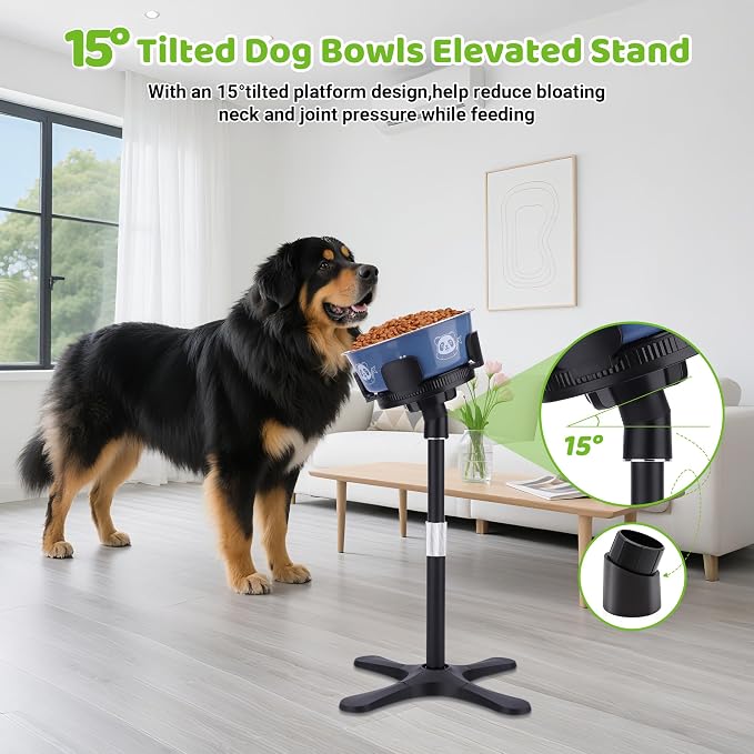 Elevated Dog Bowls for Large and Extra Large Dogs,Adjustable Width Dog Bowl Stand for 5.5-9.5" Wide Bowls,Food and Water Feeder,Single Holder with Tilted Height Adjust 12.4''-18.9''(with Bowl)