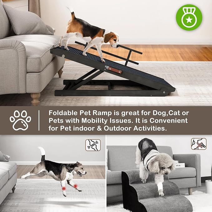 Adjustable Dog Ramp for Beds, Cars, Couches, Dog Steps Anti-Slip Surface, Dogs Ramps for Old Small Pet,High Traction with Platform, 7 Adjustable Heights 16" to 27" Up, Portable Stairs Design for Dogs