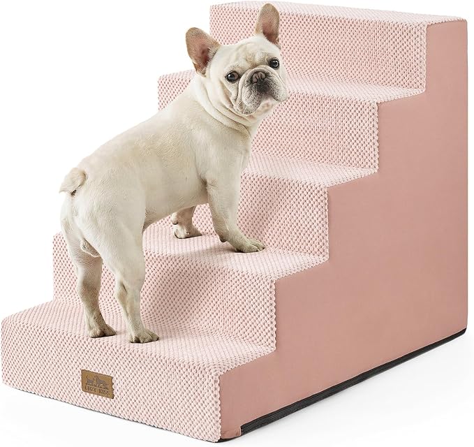 COZY KISS Dog Stairs for Small Dogs, 5 Step Pet Stairs for Beds & Couches | 23.6" H Wider Non-Slip Dog Steps for Bed, Ideal for Puppies, Senior Cats, and Small to Medium Dogs, 19.7x29.5x23.6 in, Pink