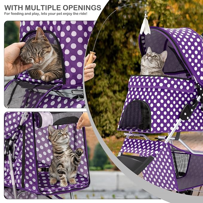 MoNiBloom Foldable Pet Stroller - Purple Polka Dots, 3 Wheels