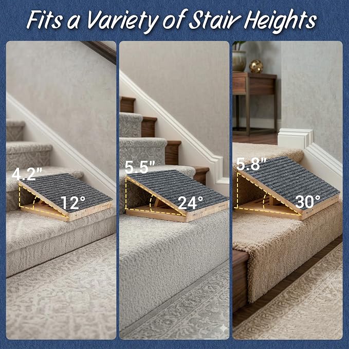 Dog Ramp for Stairs 6 Pack - Adjustable Wooden Stair Wedges for Small Dogs, Foldable Indoor Dog Stair Ramp with Triangular Support and Non-Slip Pads for Senior and Short-Legged Pets