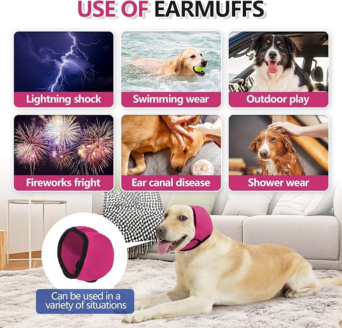 Waterproof Dog Bath Ear Covers & Calming Dog Snood – Aimosheng Reusable, Adjustable Anxiety Relief for Swimming, Grooming, Thunder & Fireworks Fuchsia L