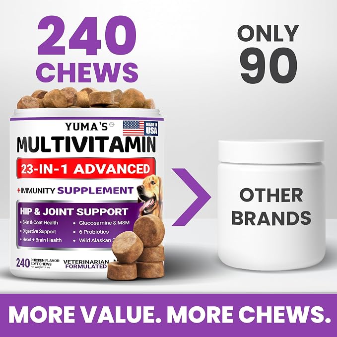 Dog Vitamins and Supplements, 240 Treats, Dog Multivitamin with Glucosamine | Senior & Puppy Multivitamin for Dogs, Hip & Joint Support, Immune Health, Skin, Heart, Digestion, Probiotics, Vet Formulated