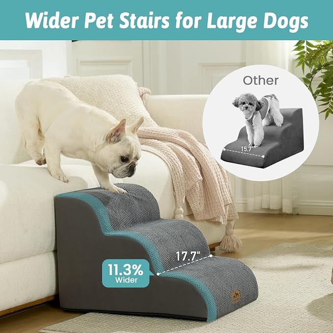 COZY KISS Wide Dog Stairs for Small Dog 15.7" H, 3 Step Pet Ramp for Couch | Curved Stable Dog Step for Puppy, Older Cat, Senior, Medium, Short-Legged Dog, Non-Slip Ladder, 17.7 inch Width, Dark Grey