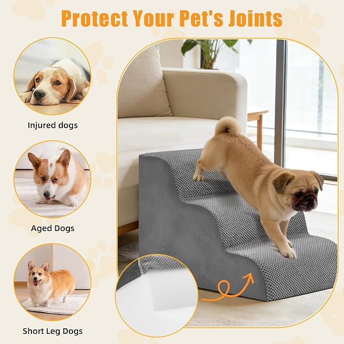3-Step Dog Stairs for Small Dogs and Cats, 16" H Dog Steps for Couch, Sofa, Chair, Durable Non-Slip Sturdy Pet Steps, Pet Ramp for High Bed Indoor, Grey