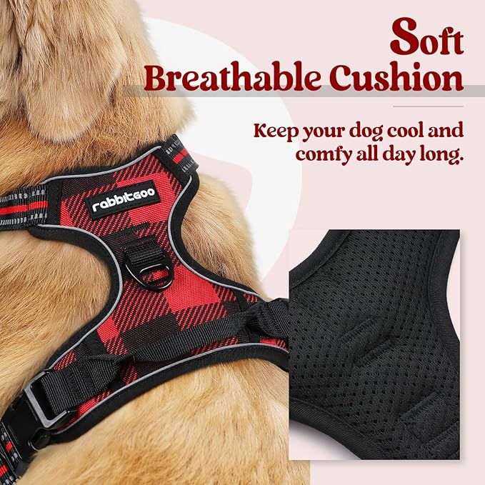 rabbitgoo Dog Harness, No Pull Medium Sized with 2 Leash Clips, Pet Vest | No Choke with Handle, Adjustable Soft Padded, Reflective, Easy Control for Walking, Red Plaid, Small