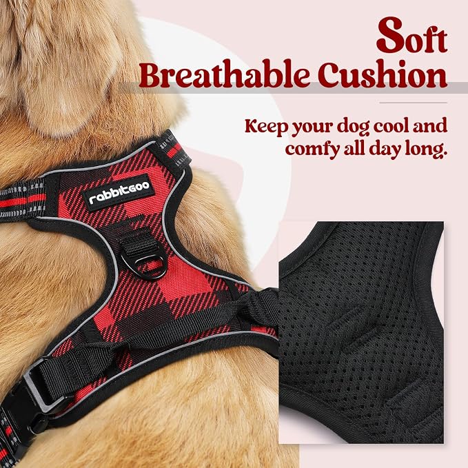 rabbitgoo Dog Harness, No Pull for Large Dogs with 2 Leash Clips, Pet Vest | No Choke with Handle, Adjustable Soft Padded, Reflective, Easy Control for Walking, Red Plaid, Small