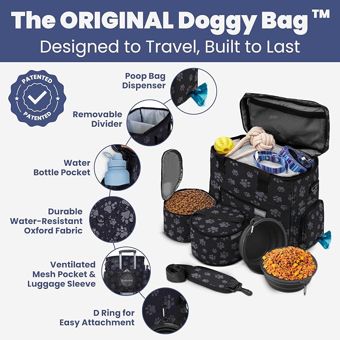The Original Doggy Bag Dog Travel Kit with Bowls & Food Containers, Paw Print