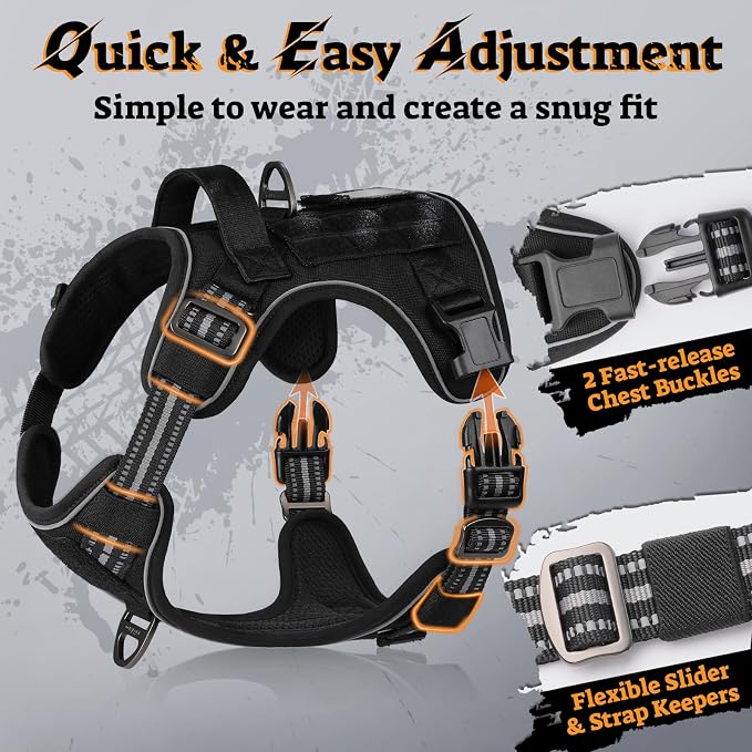 rabbitgoo Tactical Dog Harness for Large Dogs, No Pull Service Pet Vest | Military Molle System & Easy Control Handle, Adjustable and Reflective for Walking and Training, Black, X-Large