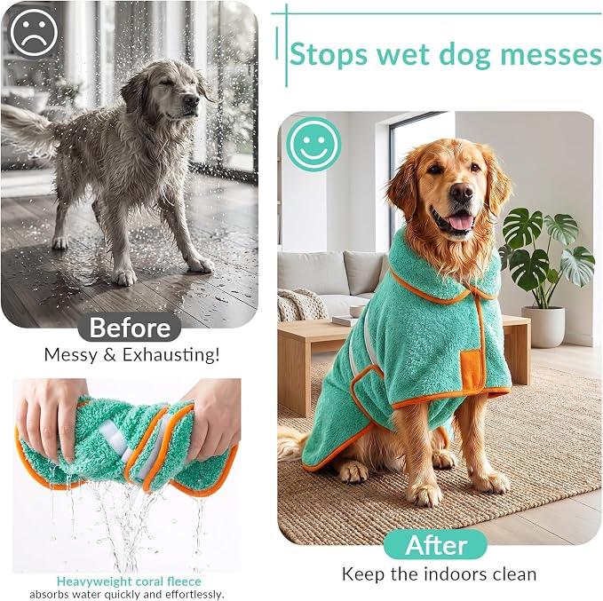 Bienbee Dog Bathrobe, Quick Drying Super Absorbent Pet Robes for Small Medium Large Dogs, Drying Coat for After Bath & Swim, Warm & Cozy Dogs Towels, Dog Puppy Bath Supplies, Lake Green XL