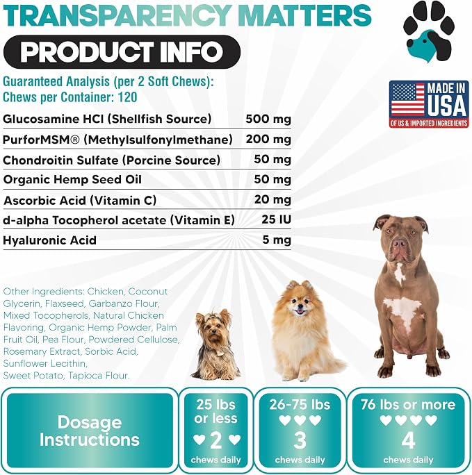 Glucosamine for Dogs Hip and Joint Supplement, 120 Soft Chews with Hemp