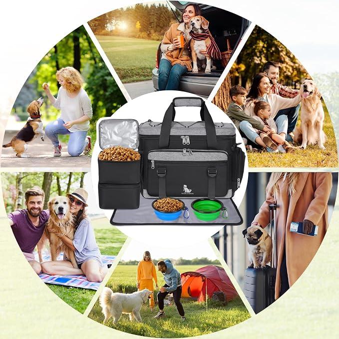 IGOLUMON Dog Travel Bag Set with 2 Extra Large Food Containers, 2 Bowls, 1 Feeding Mat