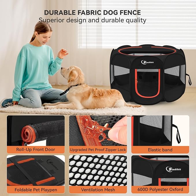 Siedihit Dog Playpen, Large Puppy Pet Playpen, Dog Crate Tent Cage Indoor/Outdoor, Portable Pop Up Dogs Kennel Playpen with Carrying Case for Dogs/Cats/Rabbitss, Black