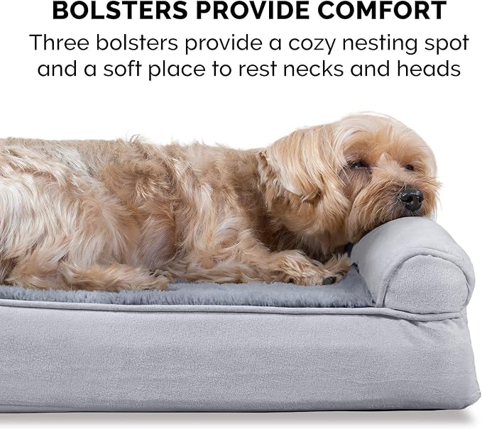Furhaven Memory Foam Dog Bed for Large Dogs w/ Removable Bolsters & Washable Cover, For Dogs Up to 125 lbs - Plush & Suede Sofa - Gray, Jumbo Plus/XXL