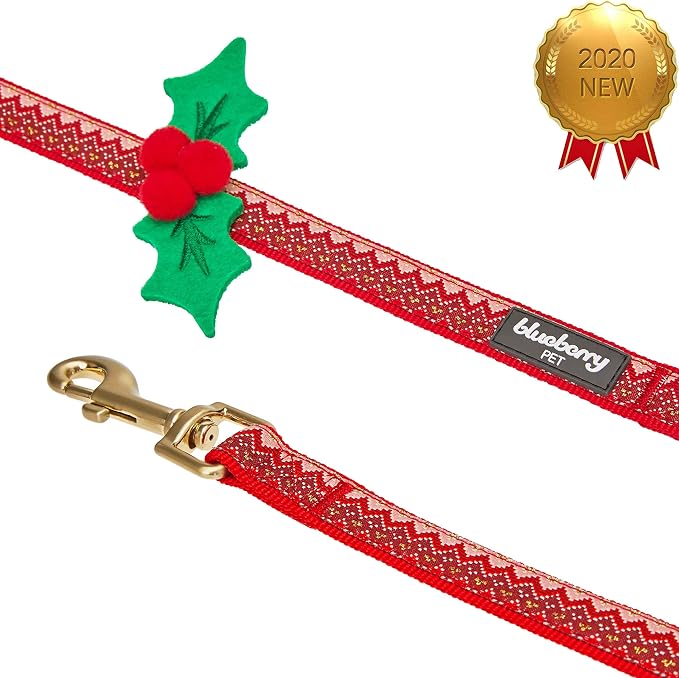 Blueberry Pet Christmas Zigzag Chevron Dog Leash with Holly Décor, 4 ft x 1", Large, Leashes for Dogs