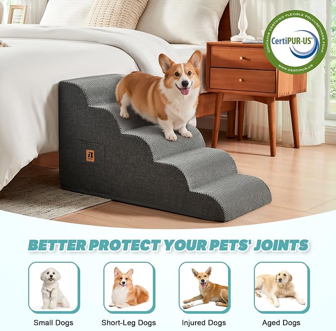IFNOW Dog Stairs for Small Medium Dogs and Cats 19.7" H, 5-Step Studry Dog Steps for Bed, Couch, High Density Foam Pet Stairs for Dogs to Get on Bed, Non-Slip Balanced Curved Indoor Pet Ramp, Grey
