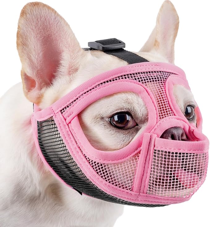 Mesh Short Snout Dog Muzzle with Anti-Eating Design for Frenchie | Fits French Bulldog Pug English Bulldog, Prevent Scavenging, Walking Grooming Use , Allows Full Panting Drinking | Pink, M