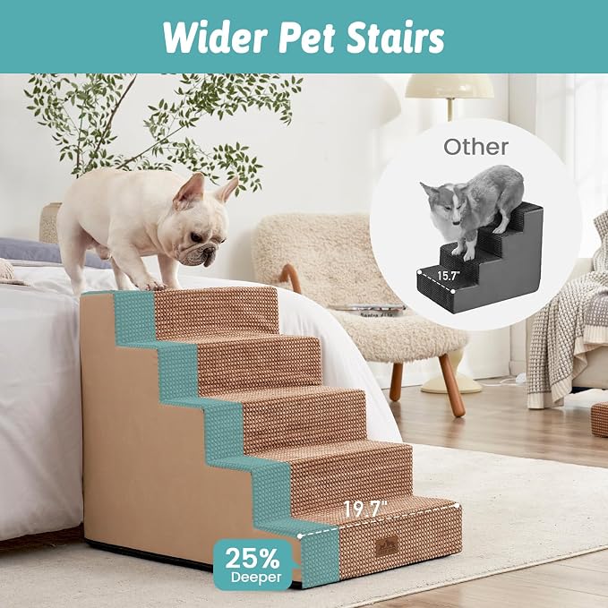 COZY KISS Dog Stairs for Small Dogs, 5 Step Pet Stairs for Beds & Couches | 23.6" H Wider Non-Slip Dog Steps for Bed, Ideal for Puppies, Senior Cats, and Small to Medium Dogs, Light Brown