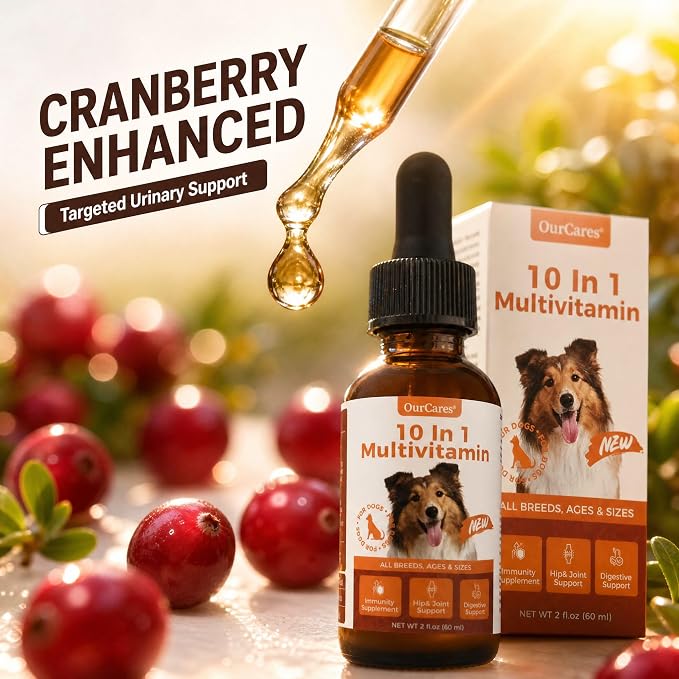 Liquid Dog Vitamins, Multivitamin Drops with Glucosamine, 2 fl oz | MSM & cranberry with vitamins B, C, D3 for skin, coat, energy, immune & urinary health. Tasteless for picky and senior dogs.