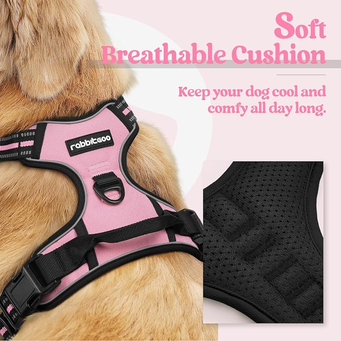 rabbitgoo Dog Harness, No Pull Medium Sized with 2 Leash Clips, Pet Vest | No Choke with Handle, Adjustable Soft Padded, Reflective, Easy Control for Walking, Pink, Medium