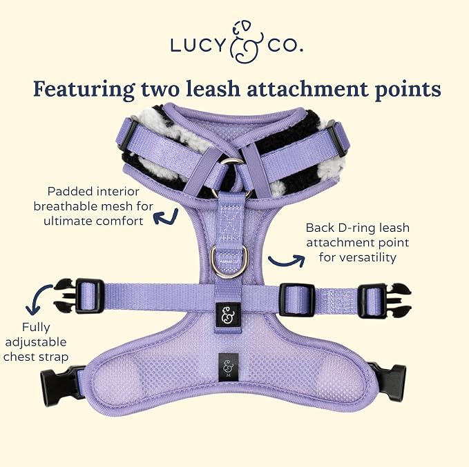 Lucy & Co. The Far Out No-Pull Dog Harness for Dogs – Comfortable Leash Training Product w/Adjustable Chest & Neck Straps - Black Purple Floral Teddy Fleece - X-Large