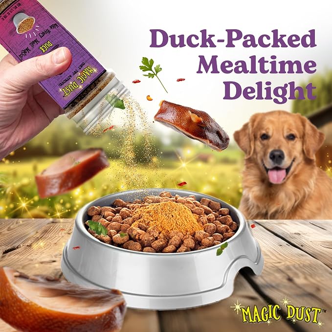 Magic Dust Duck Jerky Topper, Single Protein Pet Food Topper for Dogs & Cats, Enhance Flavor & Elevate Mealtime Excitement for Picky Eaters - 3.5 Ounce Bottle in Duck Flavor