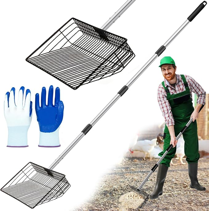 10 inch Large Chicken Poop Scooper for Sand for Shavings 74" Heavy Duty Pooper Scooper Long Handle Chicken Coop Scoop for Cleaning Tools and Rake 5-in-1 Sifting Shovel for Chicken Scoop supplies