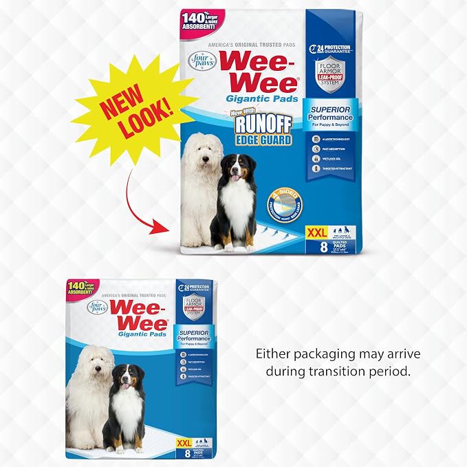 Four Paws Wee-Wee Superior Performance Pee Pads for Dogs with Runoff Barrier Edge Guard Protection, Puppy & Dog Potty Training Pads, Housebreaking Supplies, 27.5" x 44" (8 Count)