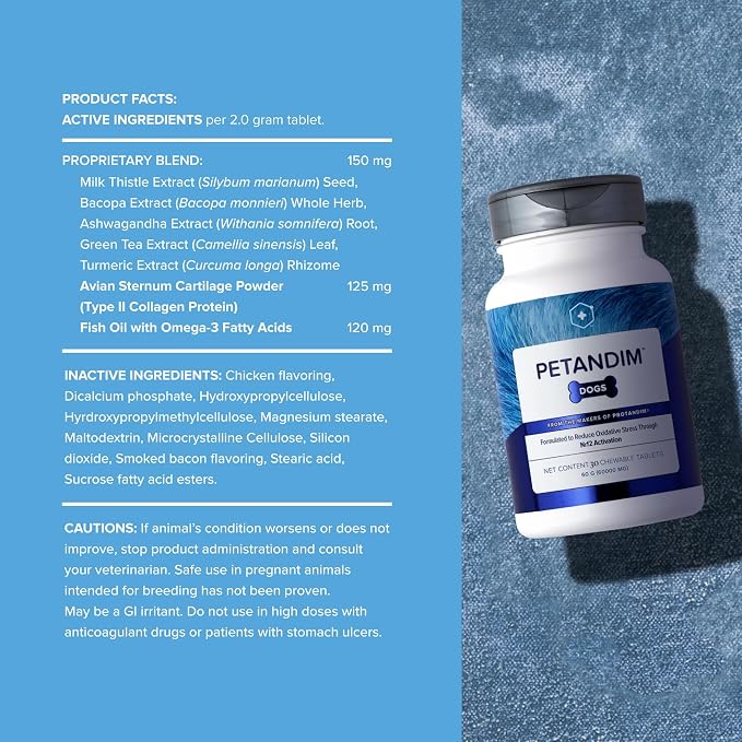 Petandim Dog Vitamins (30 Chewable Tablets), Antioxidants Reduce Oxidative Stress, Joint Supplement for Dogs, Skin and Coat Supplement, Omega-3 & Collagen for Dogs, Chicken + Bacon Flavor