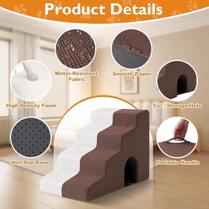 Dog Stairs for Bed 19.5’’ H, 4-Step Dog Steps for High Bed, Pet Stairs for Small Dogs and Cats to Get on Beds, Couch, Non-Slip Balanced Pet Steps and Ramp with Waterproof Cover and Tunnel, Brown