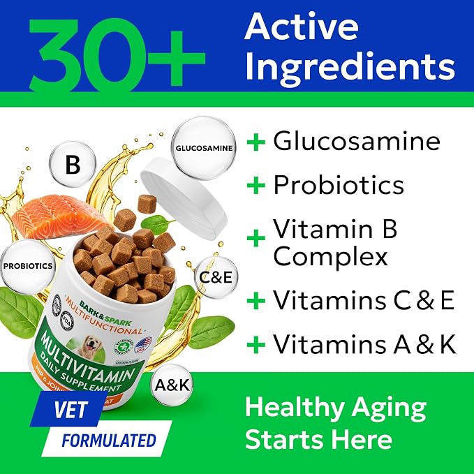 BARK&SPARK Dog Multivitamin Chews with Glucosamine, Omega 3 & Probiotics | Chondroitin & Digestive Enzymes - Skin, Coat, Joint & Gut Health Support - Vitamins & Supplements for Dogs - 240 Ct