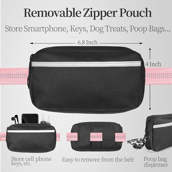 iYoShop Hands Free Dog Leash with Zipper Pouch, Baby Pink, 8-25 lbs, Medium | Waist Leash, Dual Padded Handles, Shock-Absorbing Bungee, Adjustable Waist Belt, Walking and Running