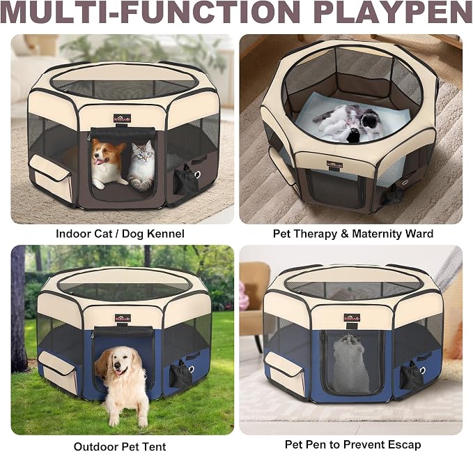Aivituvin Dog Playpen with Carrying Bag, Removable Shade Cover, Brown, L