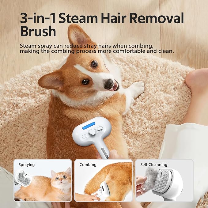 Pet Grooming Brush with Electronic Mist Spray, White