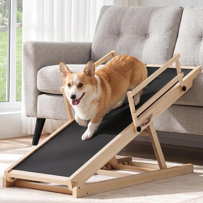Dog Ramp for High Bed, Couch, Car, Pet Ramps 47" Long Adjustable 6 Height from 20.3"-27" Wooden Dog Step with Anti-slip Yoga Mat & Safety Side Rails for Small Medium Older Pets, up to 200 lbs