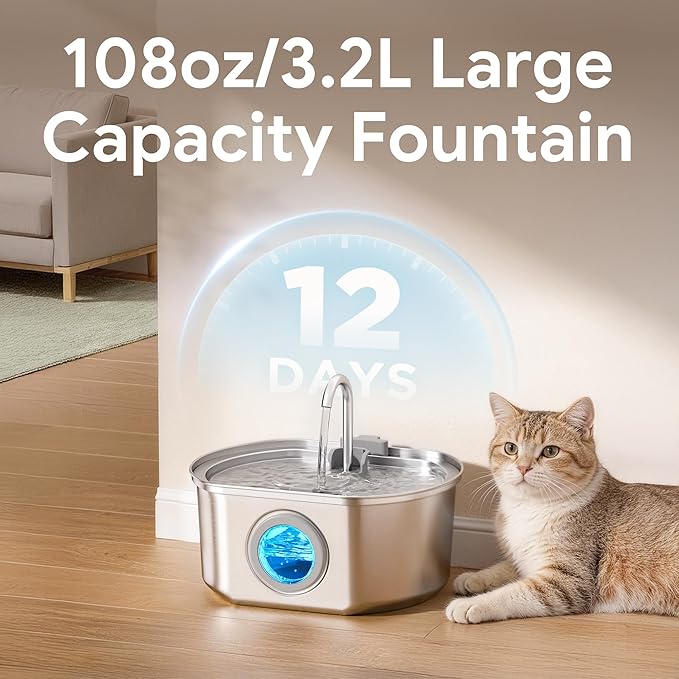 Cat Water Fountain Stainless Steel: 109oz/3.2L Cat Fountain for Drinking - Pet Water Fountain Inside - Automatic Dog Watering Dispenser Bowl - Pet Feeding & Watering Supplies - Water Level Window